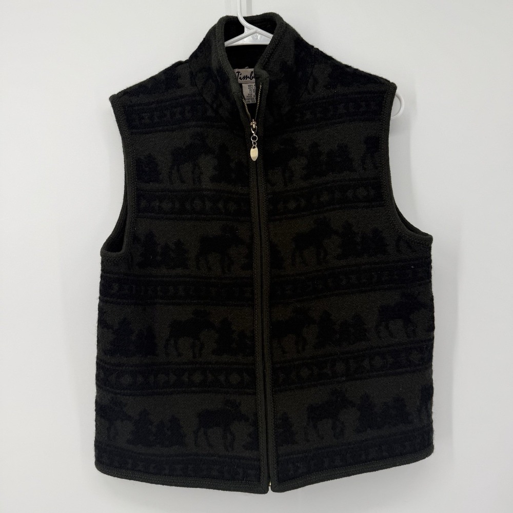 Vintage Timberlea Green Wool Moose Vest Womens‎ Size Large Zip Up Western Winter